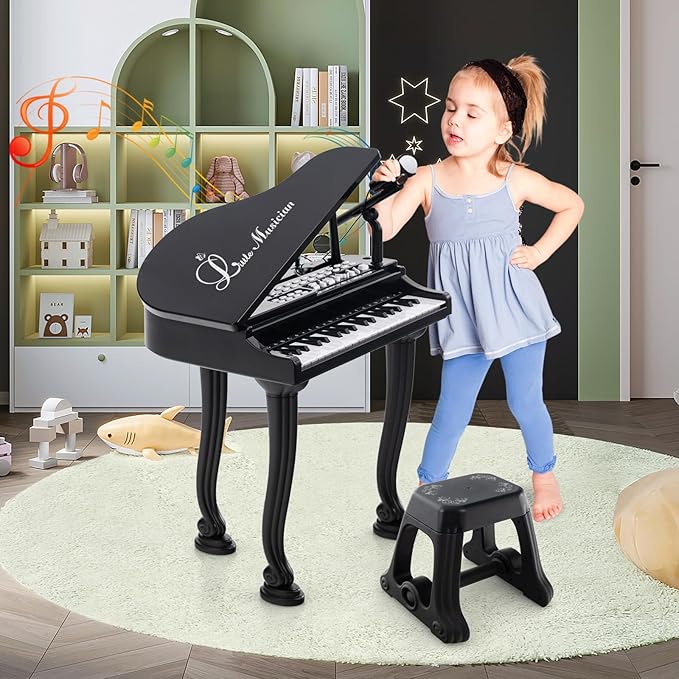HONEY JOY Classical Kids Mini Grand Piano w/ Music Stand & Stool, Portable Electronic Piano Educational Musical Instrument Toy w/ Microphone, Lights, Gift for Kids (Black, 37 Keys)