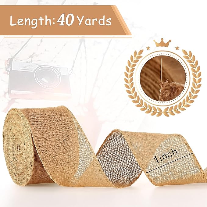 Chuangdi 40 Yard 1 Inches Burlap Ribbon Wide Jute Ribbon Natural Burlap Fabric Roll Wired Edge for Wreaths, Christmas Tree Decoration, Big Bow Crafts, Gift Wrapping, Wedding