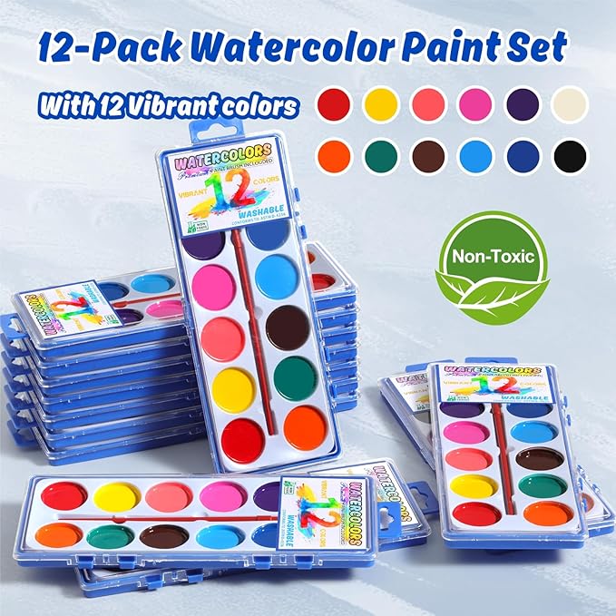 24 Packs Watercolor Paint Set Bulk, 12 Vibrant Colors Washable Watercolors with Brushes for Kids, Art Activities Painting Supplies for School Classroom Home