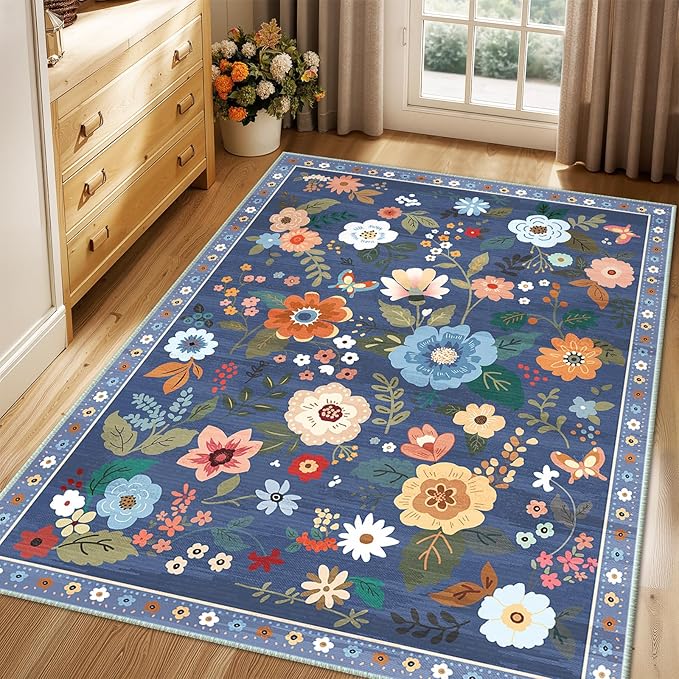 Floral 3x5 Area Rug Machine Washable Soft Print Boho Carpet Non Slip Doormat Low Pile Flower Area Rugs for Living Room Bedroom Nursery Kitchen Dining Room Indoor-Blue/Grey