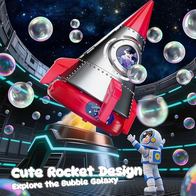 Rocket Bubble Machine for Kids with Lights, 360° Rotating Bubble Blower Toy with 10 Refill Solutions, Bubble Maker for Toddlers, Fun Outdoor Party Gift for Boys & Girls RED