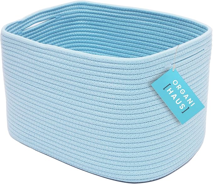 OrganiHaus Blue Basket for Shelves, Decorative Cloth for Organizing, Cotton Rope Storage Basket for Toys, Small Woven Baskets for Storage