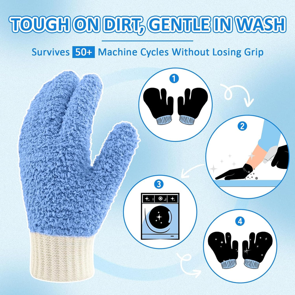 MIG4U Microfiber Dusting Gloves House Cleaning Glove for Blinds, Windows, Shutters, Furniture, and Car, Reusable Lint-Free Blue 2 Pairs S/M