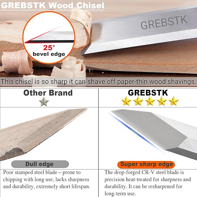 GREBSTK 4 Pcs Wood Chisel Set, CRV Steel Bevel Sharp Edge Bench Chisels with Safety Caps, Comfortful Beech Handle, for Woodworking and DIY Projects, 9.5"x(1/4", 1/2", 3/4", 1")