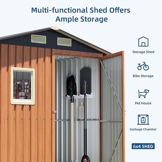 6x4FT Outdoor Storage Shed, Metal Garden Shed with Updated Frame Structure, Lockable Door and Window, Large Tool Shed for Backyard, Patio,Lawn,Utility & Bike Storage