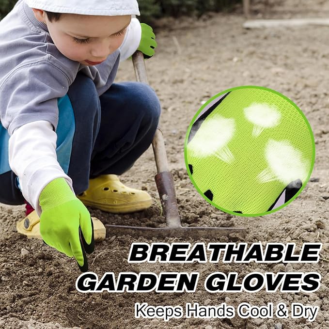 HANDLANDY 3 Pairs Kids Gardening Gloves Latex Free, Nitrile Coated Children Toddler Garden Yard Work Gloves for Little Girls Boys (Size M, Black-Green)