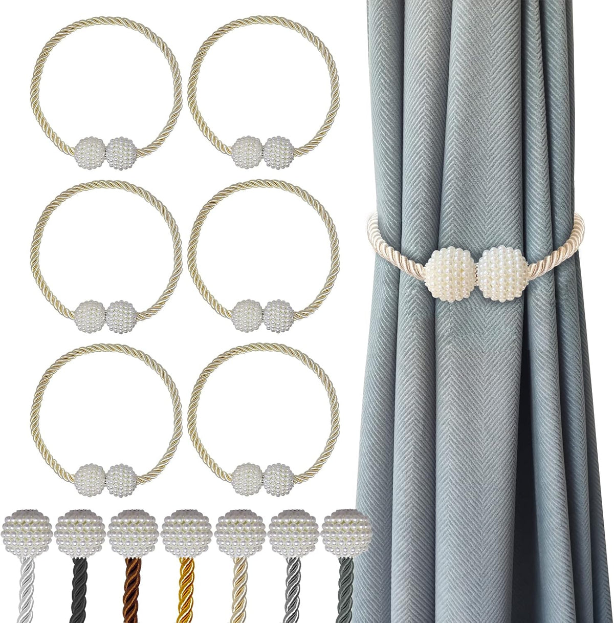Hion Magnetic Curtain Tiebacks Beige 6 Pack, Curtain Tiebacks Buckles Holdbacks Holders Hooks Clip for Home Bedroom Office Decorative Thick or Thin Curtain