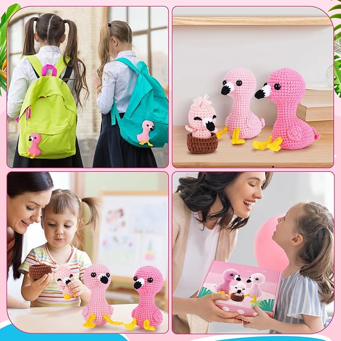 Crochet Kit for Beginners -Flamingo Family Crochet Kits with Step-by-Step Video Tutorials, Beginner Crochet Kit for Adults, Crochet Animal Kit for Kids, 3PCS Flamingo Crocheting Set(Pink)