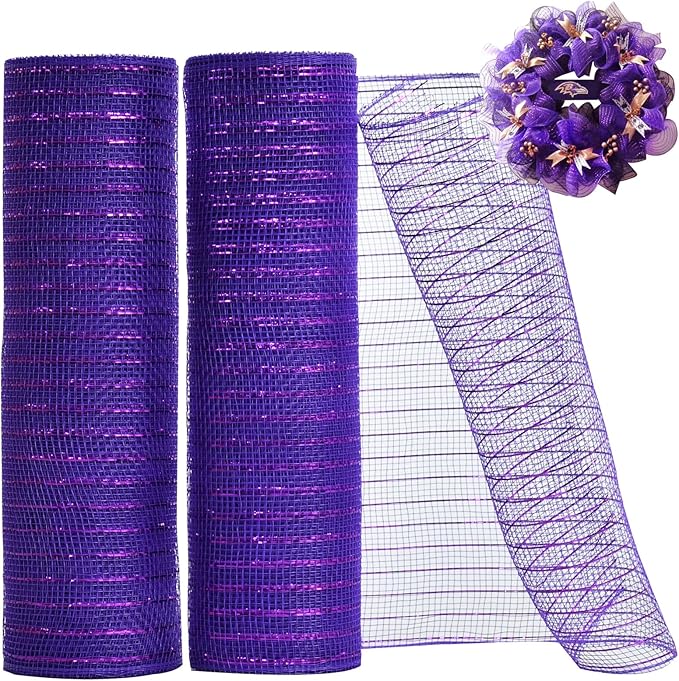 TONIFUL 2 Rolls 10 Inch Purple Decorative Mesh Ribbbon Rolls, Fabric Mesh with Foil for Wreath Supplies, Front Door Wreath Crafts Tree Decor Christmas NewYears Halloween Decoration (10 yds/roll)