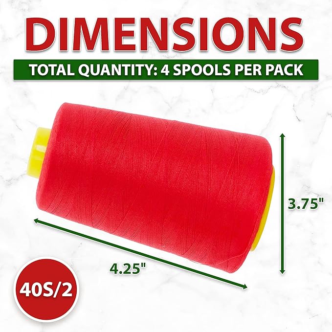 Mandala Crafts 4 Pack of Serger Threads Cones Spools - 40S/2 24000 Yards Polyester Red Threads for Sergers Machine and Overlock Quilting Sewing Machine