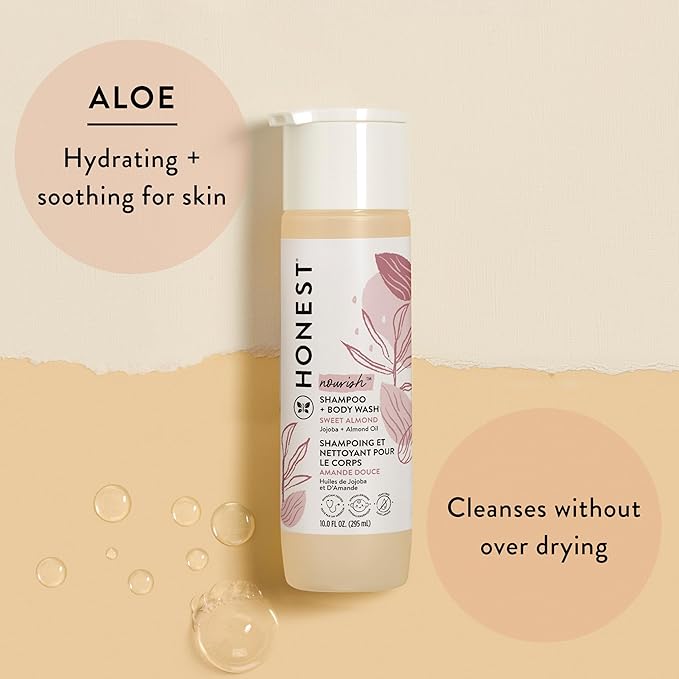 The Honest Company 2-in-1 Cleansing Shampoo + Body Wash | Gentle for Baby | Naturally Derived, Tear-free, Hypoallergenic | Sweet Almond Nourish, 18 fl oz