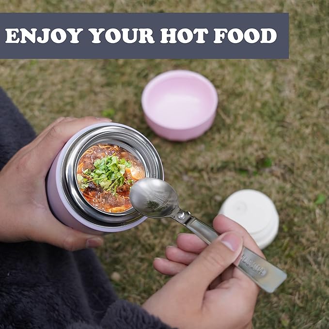 Soup Thermo for Hot Food & Drinks, Thermo Lunch Box for Kids, 17oz Vacuum Insulated Food Container with Spoon&&Drawstring Bag, Soup Therm for Adults, Pink&Green