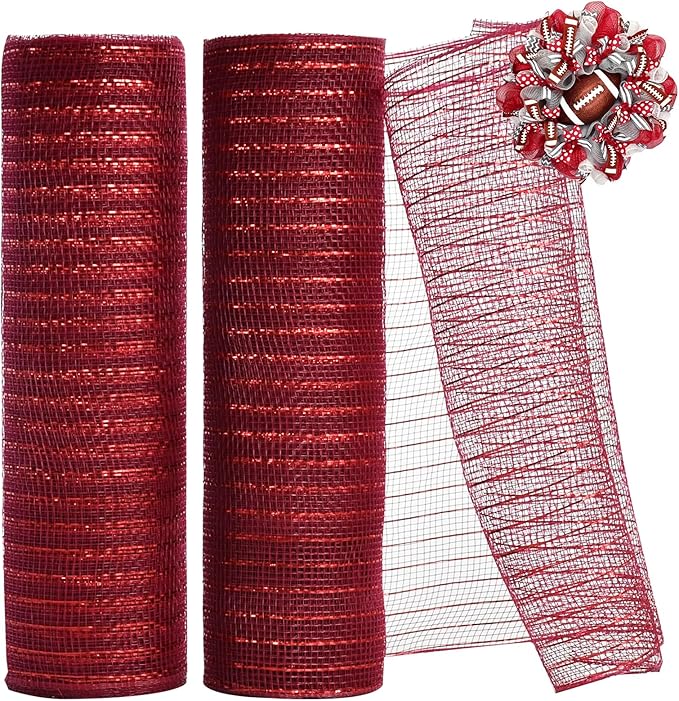TONIFUL 2 Rolls 10 Inch Claret Decorative Mesh Ribbbon Rolls, Fabric Mesh with Foil for Wreath Supplies, Front Door Wreath Crafts Tree Decor Christmas NewYears Halloween Decoration (10 yds/roll)