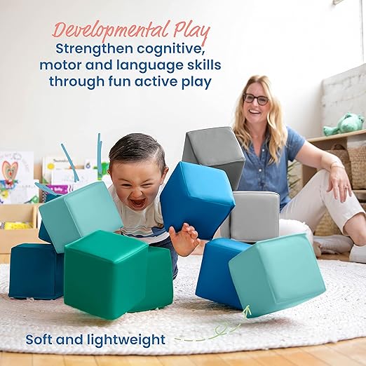 ECR4Kids SoftZone Patchwork Toddler Building Blocks, Foam Cubes, Contemporary, 12-Piece