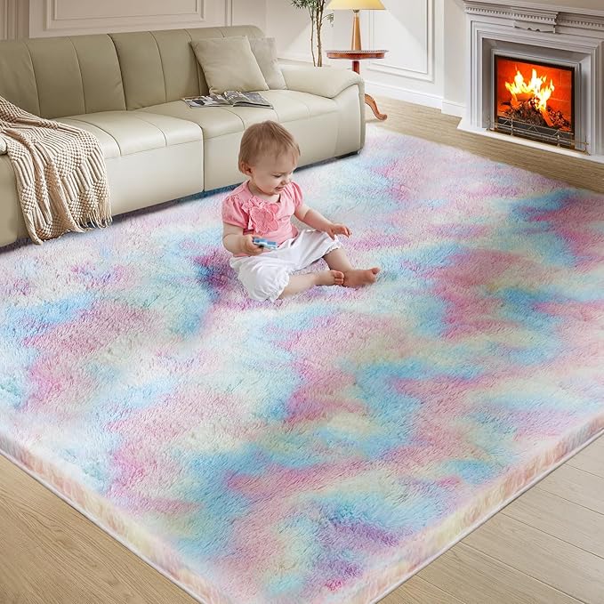 Fluffy Colorful Rug for Living Bedroom, Rainbow Fluffy Soft Plush Area Rugs for Girls Bedroom, Fuzzy Nursery Rug for Baby's Toddler's，Clorful Room Decor for Teenage, Easy-Cleaning, Non Shedding, 3X4