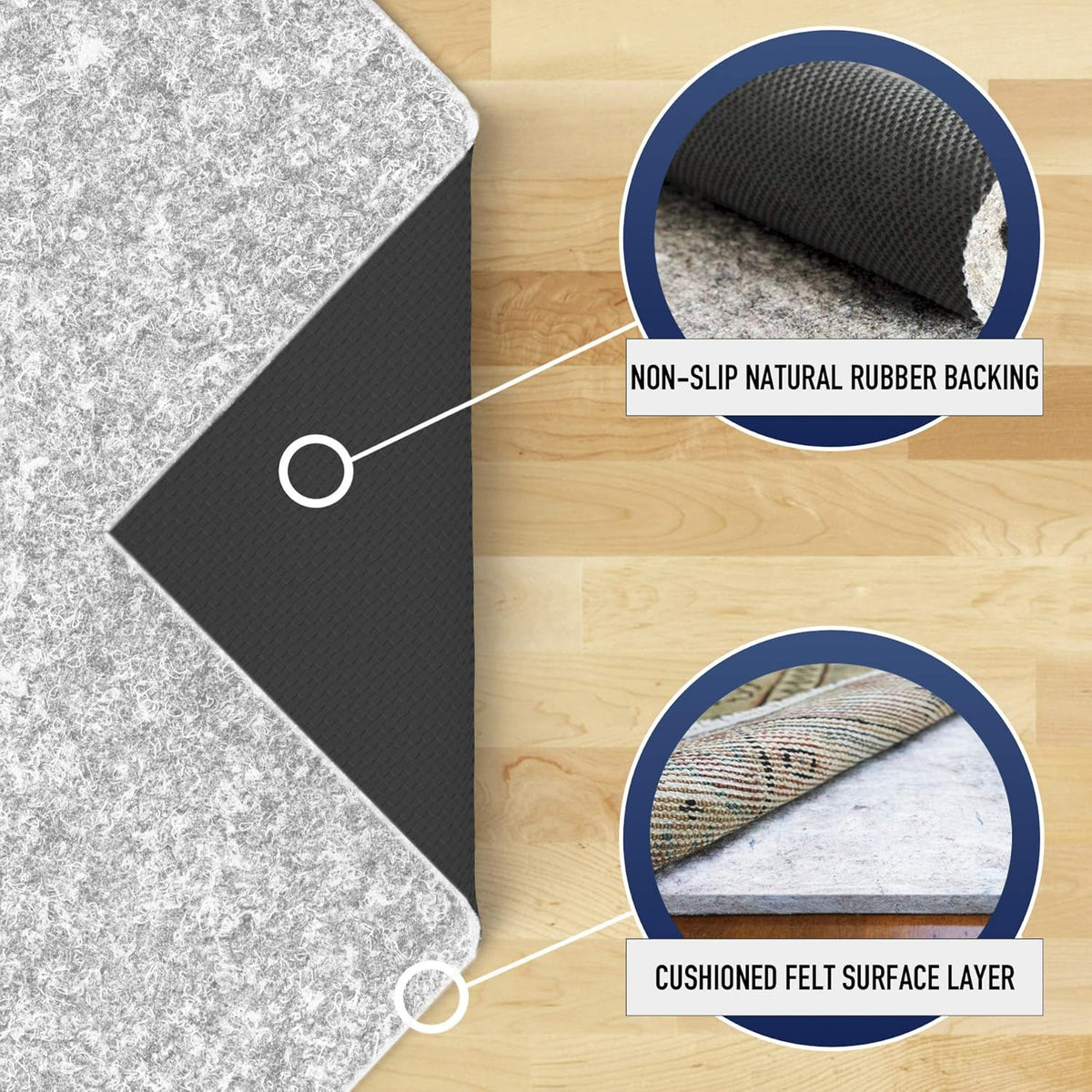 RUGPADUSA - Dual Surface - 8'x12' - 1/4" Thick - Felt + Rubber - Non-Slip Backing Rug Pad - Safe for All Floors