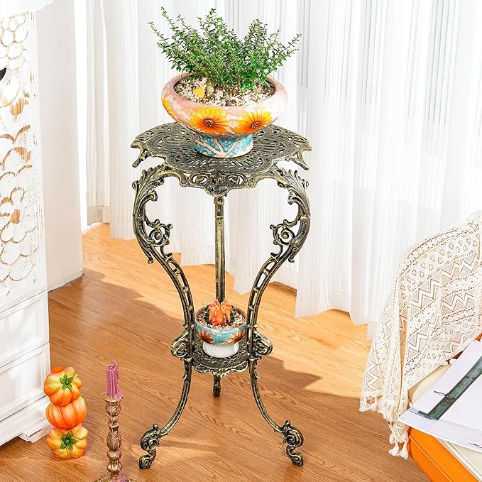 Sungmor Vintage Cast Iron Plant Stand - Ornate Gold Pedestal Table for Indoor Outdoor Garden, 27.5" Antique Metal Flower Pot Holder, Victorian Style Plant Display Stand - Patio, Porch, Balcony Décor