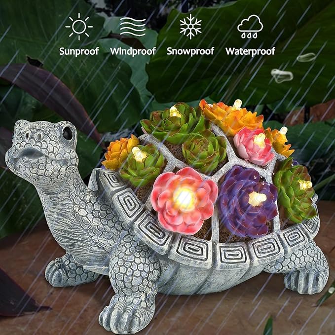 FORUP Turtle Garden Statue, Resin Turtle Figurine Garden Lawn Ornaments with Solar LED Lights for Outdoor Yard Garden Decorations, Grey