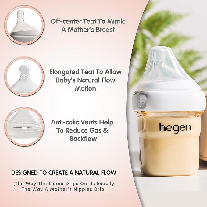 hegen Baby Bottles - Anti Colic Baby Bottles Wide Neck - Breastfeeding System 5 oz with Slow Flow Teats (2 Pack)