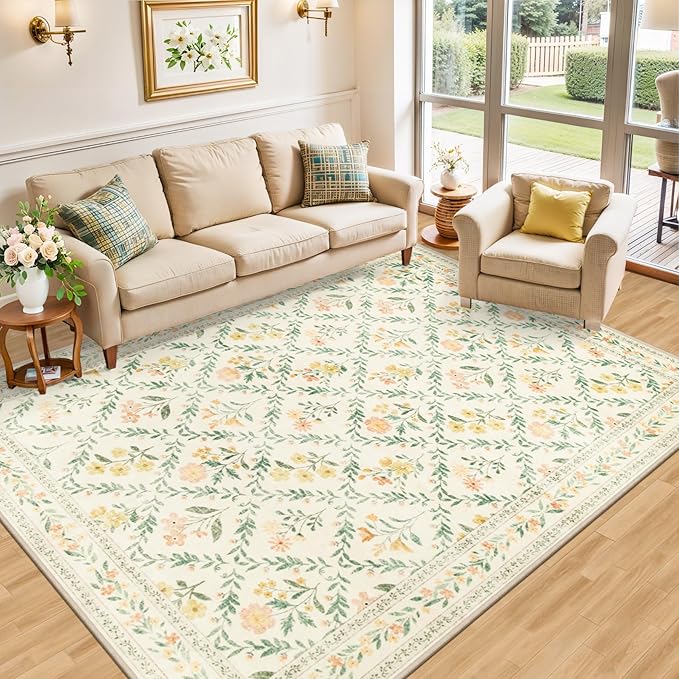 10x14 Area Rugs for Living Room: Floral Washable Rug Vintage Large Soft Boho Non-Slip Carpet Stain Resistant Low Pile Carpets for Bedroom Dining Room Farmhouse Nursery Hallway Home Office Beige/Multi