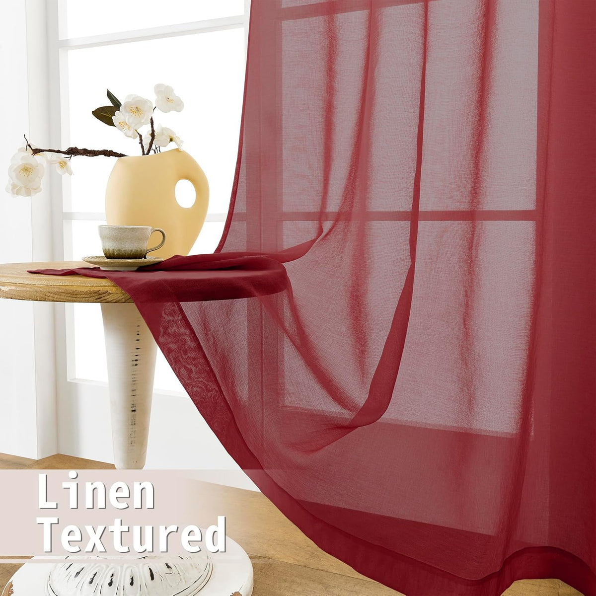 Tollpiz Sheer Door Curtains Closet Linen Textured Curtains Sheer Doorway Light Filtering Voile Rod French Door Pocket Curtain Patio Glass Door, 25 x 72 inches Long, Burgundy Red, Set of 1 Panel