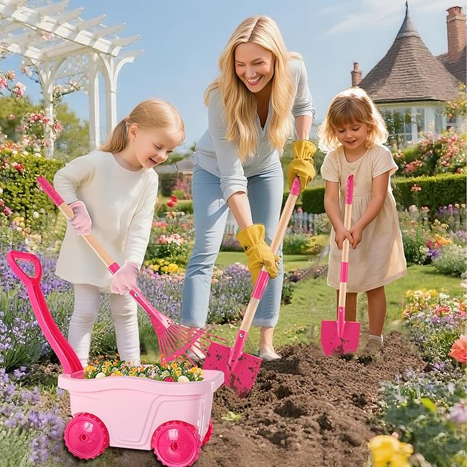 Duckura Kids Gardening Tools Set - 7pcs Wheelbarrow Set for Kids with Shovel, Rake, Leaf Rake, Summer Outdoor Yard Digging Weed Toys, Halloween Birthday Gifts for Boys Girls Age 2 3+ Years Old(Pink)