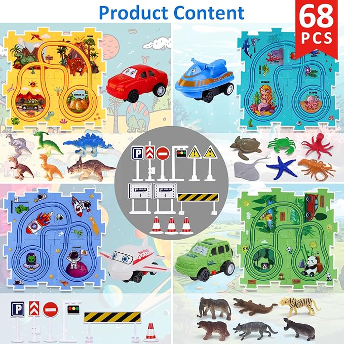VESPRO 4 Series Toddler Car Track Set, 68PCS Kids Car Track Play Set, Educational Puzzle Toys for Kids Ages 3+ Boys and Girls