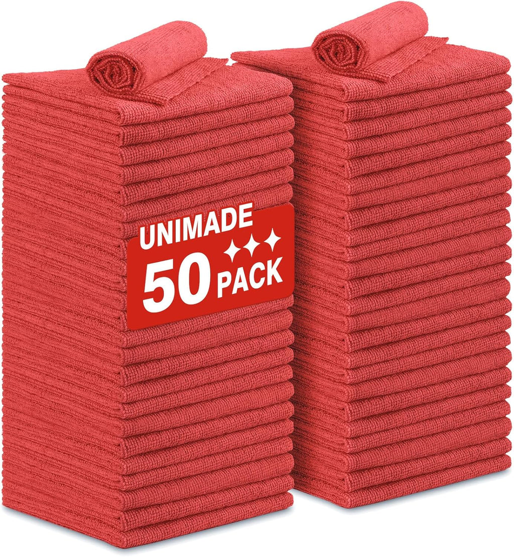 Shop Towels Rags, 50 Pack Reusable Shop Rags Bulk Microfiber Cleaning Cloth Lint Free Cleaning Towels for Car Kitchen Automotive Bar Mechanic Restaurant Garage, 11.5"x 11.5", Red