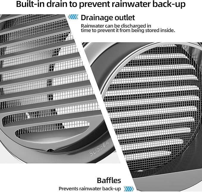 4" in Heavy Duty Thickened 304 Stainless Steel Air Vent Cover Louvered Grille Cover Vent Hood Flat Ducting Ventilation Air Vent Wall Air Outlet with Fly Screen Mesh for House (4inch-100mm Flat Black)