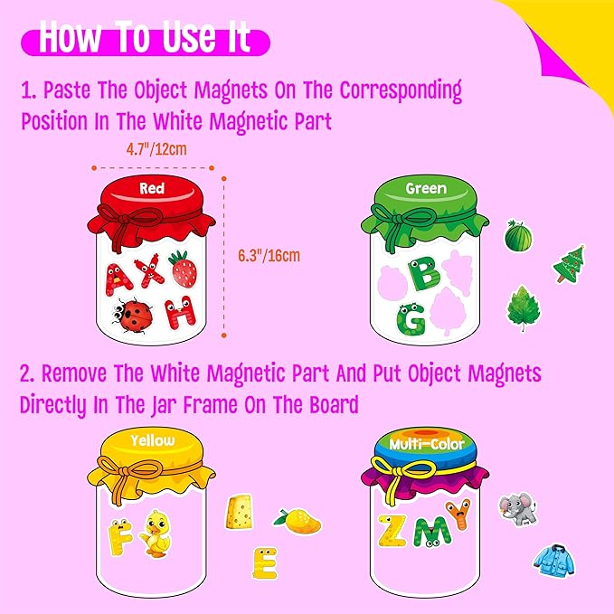 12 Pieces Magnetic Color Sorting Jars, 60 Color & Letter Magnets for Fridge Whiteboard, Early Educational Sorting Toy Set, Alphabet A-Z Learning Tool for Baby Toddlers Kids