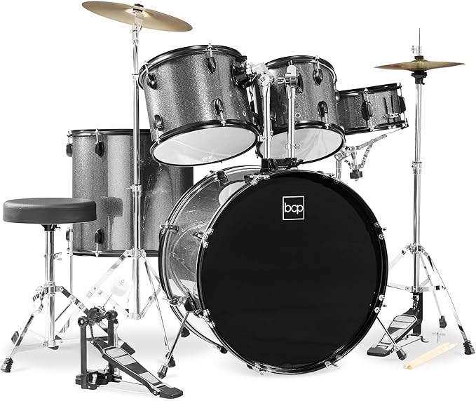 Best Choice Products 5-Piece Full Size Complete Adult Drum Set w/Cymbal Stands, Stool, Drum Pedal, Sticks, Floor Tom - Silver Sparkle
