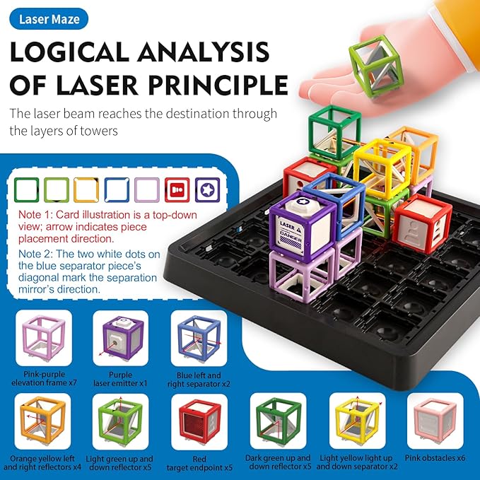[2025 New] Reasoning Laser Maze, Ultimate STEM Toys for Boys Age 8-12, Logic Game with 60+ Challenges, Toy for 8 9 10 11 12 13 14 Year Old Kid & Adult Birthday Gift - 37 Pcs Cubes