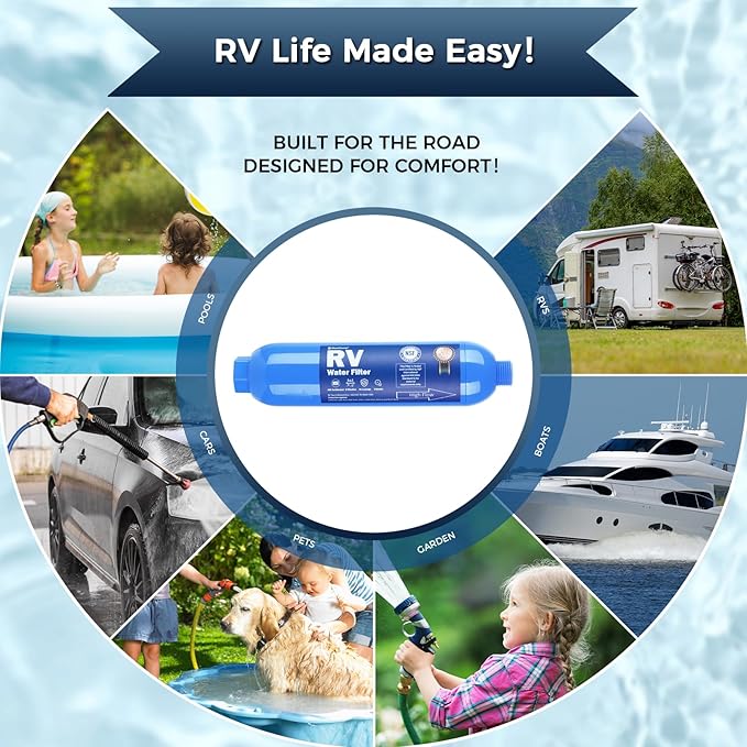 SheeChung RV Water Filter 4 Pack with Flexible Hose Protector, NSF Certified, Inline Hose Water Filter for RV, Boat, Campsite – Reduces Odors, Bad Taste, Chlorine, Rust