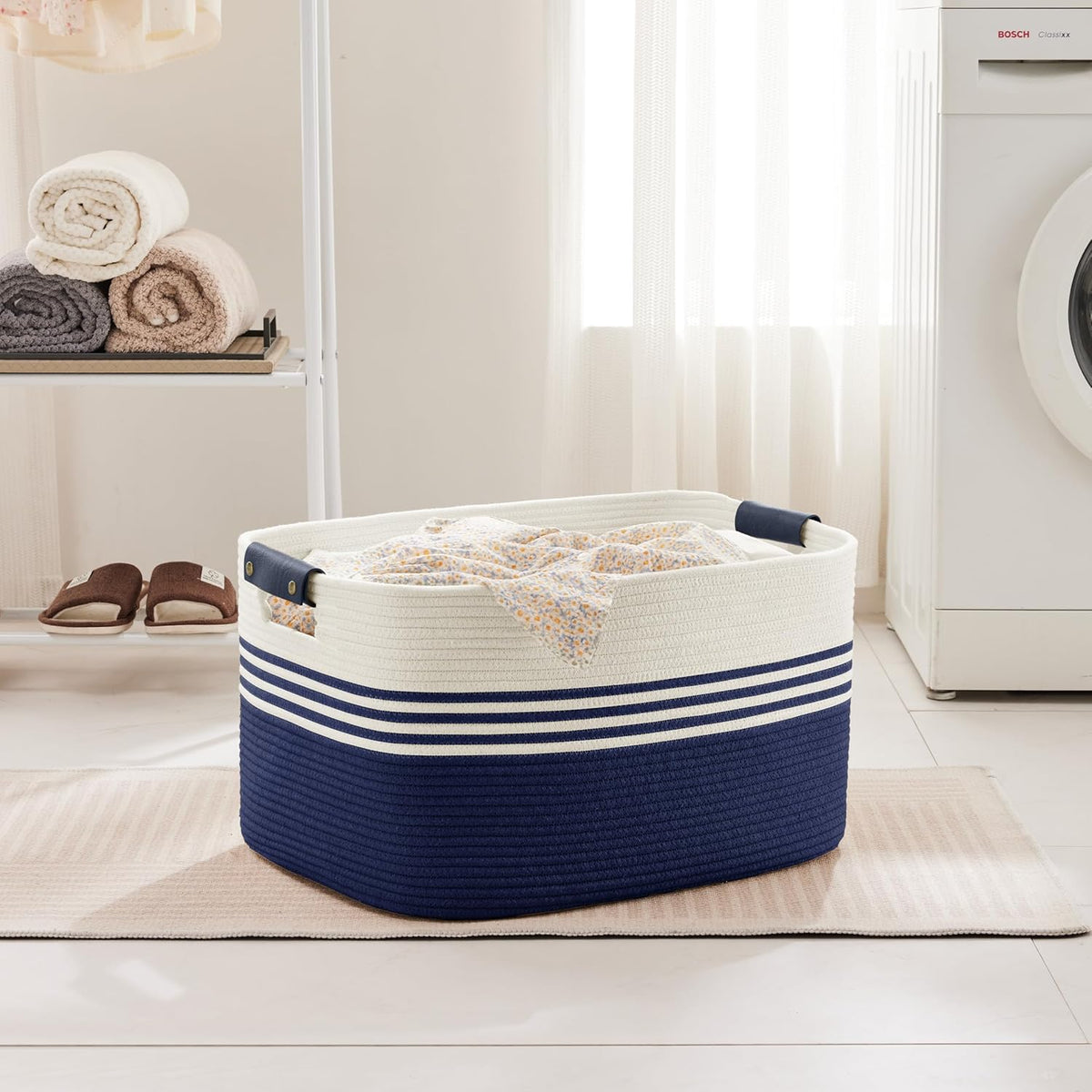 72L Large Laundry Basket with Leather Handles for Living Room Storage, Woven Rope Baskets Bin for Blanket, Kids Toy, Gifts, Wicker Hamper for Bedroom Dirty Clothes, 22"x17"x12" White Navy
