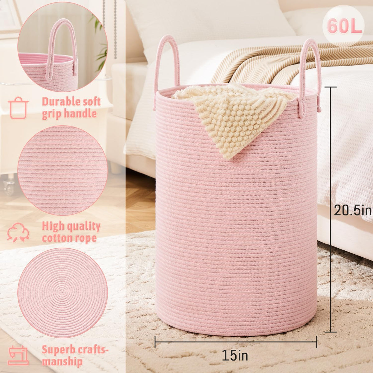 Laundry Basket,Woven Cotton Rope Laundry Hamper,60L for Decorative Storage of Dirty Clothes,Toys and Blankets in Bathroom,Baby Room and Living Room