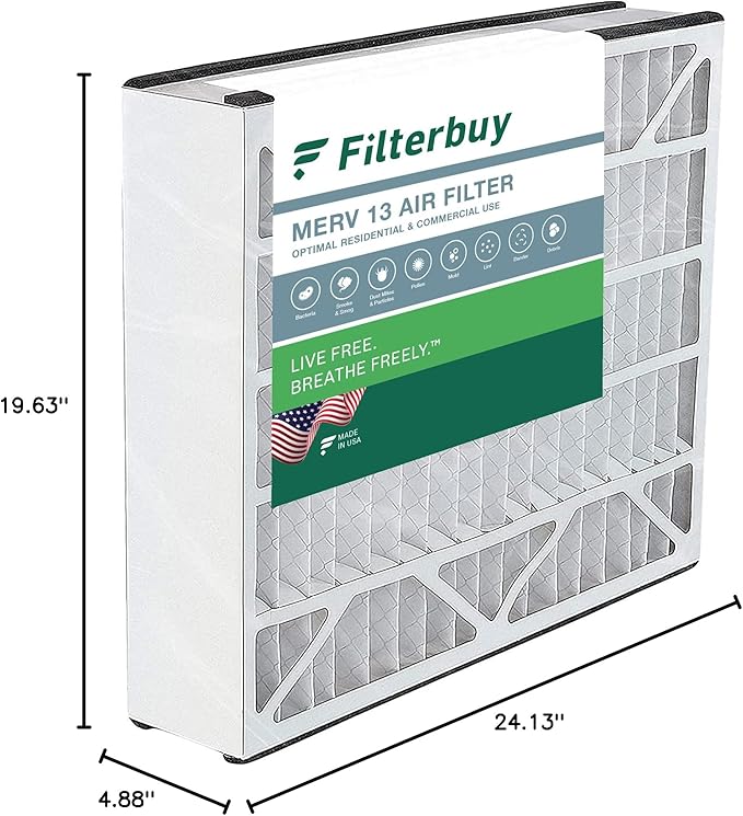 Filterbuy 20x25x5 Air Filter MERV 13 Optimal Smoke & Allergy Defense (1-Pack), Pleated HVAC AC Furnace Filters for Trion Air Bear, Generalaire, Skuttle, and More (Actual Size: 19.63 x 24.13 x 4.88)