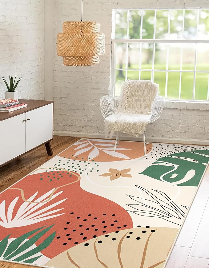 Lahome 4x6 Area Rugs, Washable Rug 4x6 for Living Room Soft Carpet for Bedroom Nursery Kids Room, Botanical Print Non-Slip Low Pile Carpet for Entryway Office Playroom Kitchen, Coral