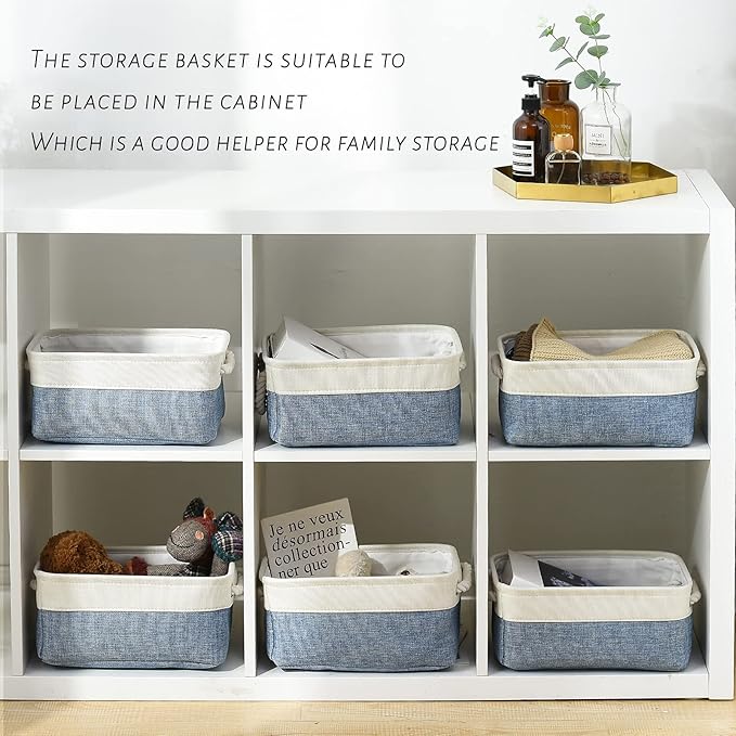 TcaFmac Storage Basket for Shelves - Small 6 Pack Fabric Storage Bins for Organizing, Collapsible Storage Cubes with Handle for Closet Cloth Toy Decorative Gift (White & Blue11.8 x 7.8 x 5.2 inch)