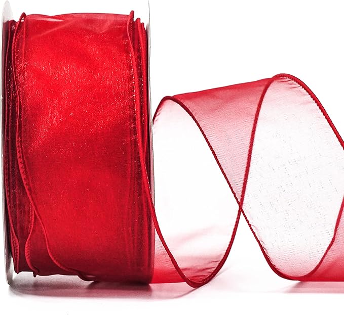 CT CRAFT LLC Sheer Organza Wired Ribbon 2.5" x 50Yards Red for Wedding Chair Bow Flora Bouquet Gift Wrapping Christmas Tree Home Decor Wreath