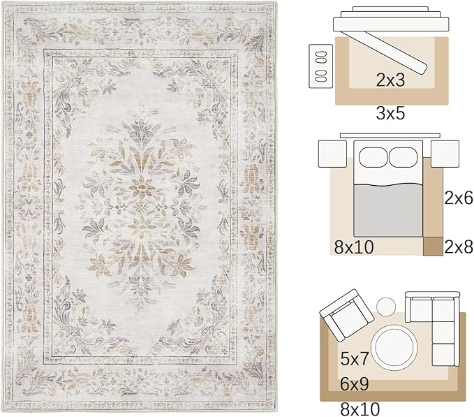 jinchan Vintage Floral 6x9 Area Rugs for Living Room - Machine Washable Distressed Design Soft Throw Rug Ultra-Thin Non-Slip Large Carpet for Bedroom Nursery Dining Room Home Office (6x9ft,Light Grey)