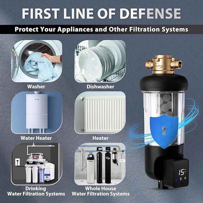 iSpring WSP100SL-ARJ, NSF Certified, Whole House Spin Down Sediment Water Filter Includes Siliphos Helps Prevent Scale and Corrosion, Clear Housing, Upgraded Jumbo Size With Touch-Screen Auto Flushing