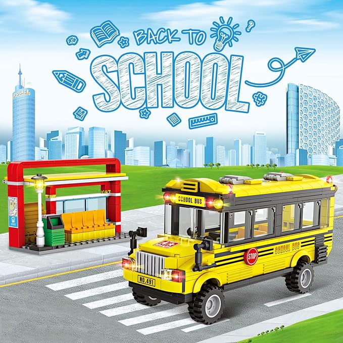 School Bus Building Blocks Set, City School Day Bus Construction Playset with School Bus & Station, Education Learning Roleplay STEM Brick Toys Ideal Gift for Kids, Boys Girls Aged 6+ (488 Pieces)