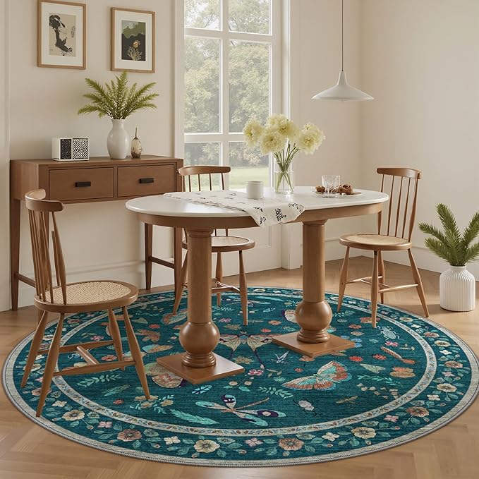 4ft Washable Round Rug - Bug Rugs for Living Room Non-Slip Low Pile Soft Ultra-Thin Machine Washable Circle Carpet for Bedroom, Entryway, Nursery, Kitchen, Home Office (4' Round Teal)