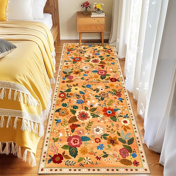 Floral 2x10 Area Rug Machine Washable Soft Print Boho Carpet Non Slip Doormat Low Pile Flower Area Rugs for Living Room Bedroom Nursery Kitchen Dining Room Indoor-Yellow/Orange