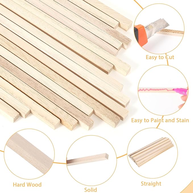 70Pcs 1/4" x 12" Balsa Wood Sticks, Square Dowel Rods Wood Furring Strips Hardwood Sticks for Crafts DIY Projects Models Making