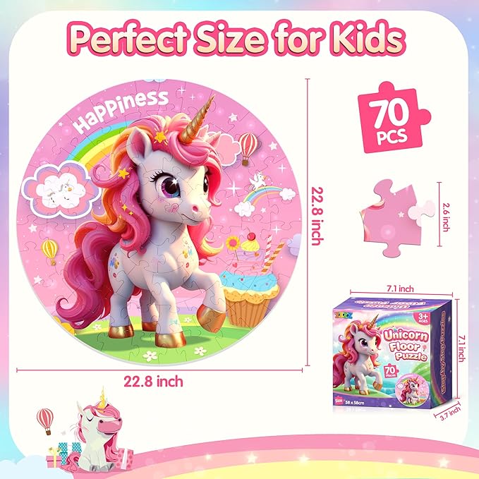 ZIZZ Unicorn Toy for Girls Kids - Best 70 Pieces Unicorn Floor Puzzle for Kids Age 3 4 5 6 7 8 Years Old Girls Learning & Educational Games Toys Toddlers Gifts for Birthday Christmas Party Activity
