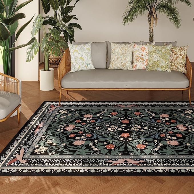Bedroom Rug 3x5 Rug Washable Area Rug Non Slip Low Pile Vintage Floral Botanical Small Carpet for Bedroom, Bedside, Kitchen, Entryway, Kids Room, Office, Black
