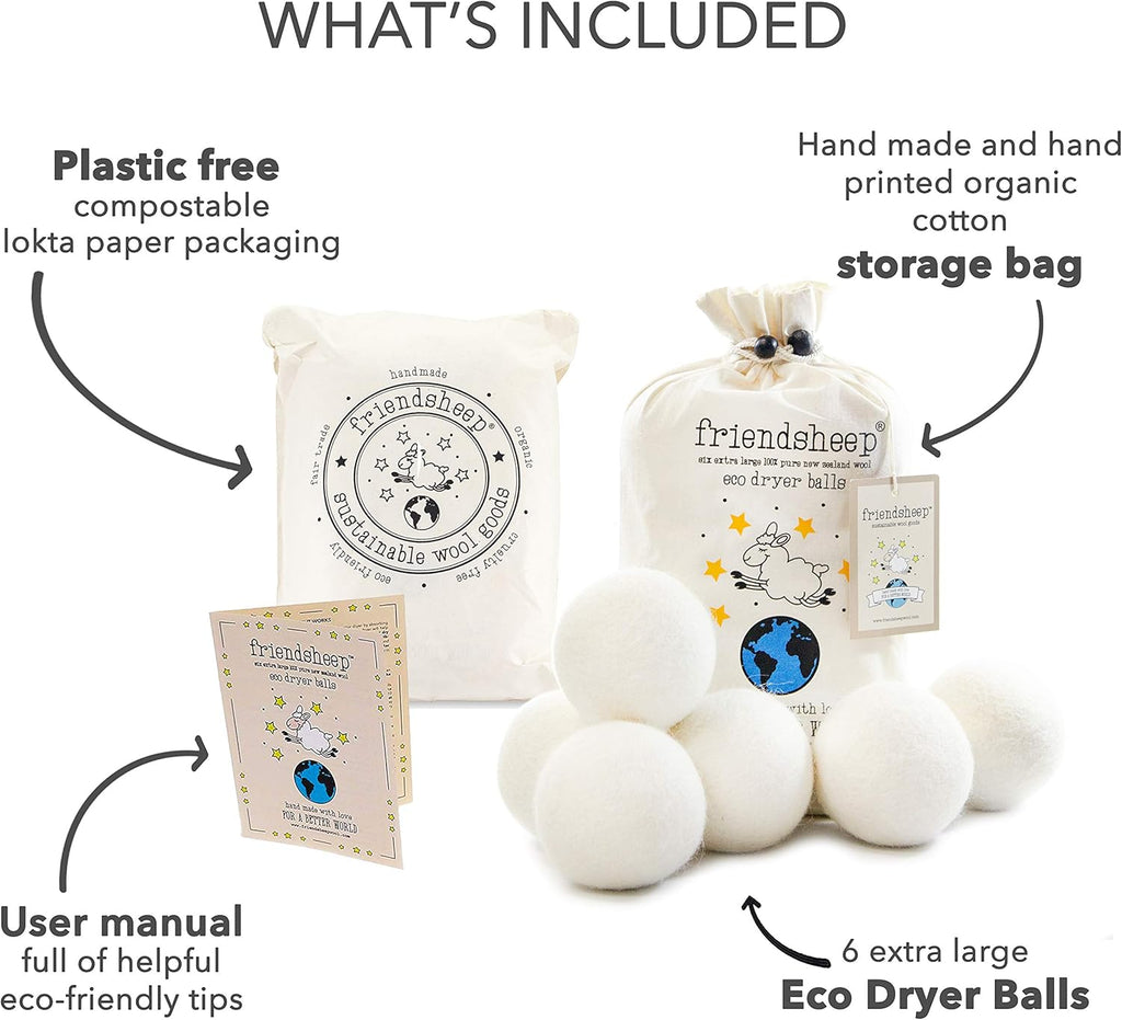 Friendsheep Wool Dryer Balls, Organic Reusable Fabric Softener Alternative for Laundry, Handmade, Fair Trade, Hypoallergenic, Eco-Friendly, Plastic-Free (6 Pack XL – Creamy White)