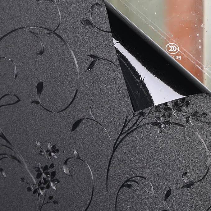 Mikomer Total Blackout Window Film,100% Light Blocking Privacy Glass Door Film Etched Flowers,Room Darkening Window Cling,No Glue/Heat Control/Anti UV for Day Sleep & High Privacy,17.5In. by 157In.