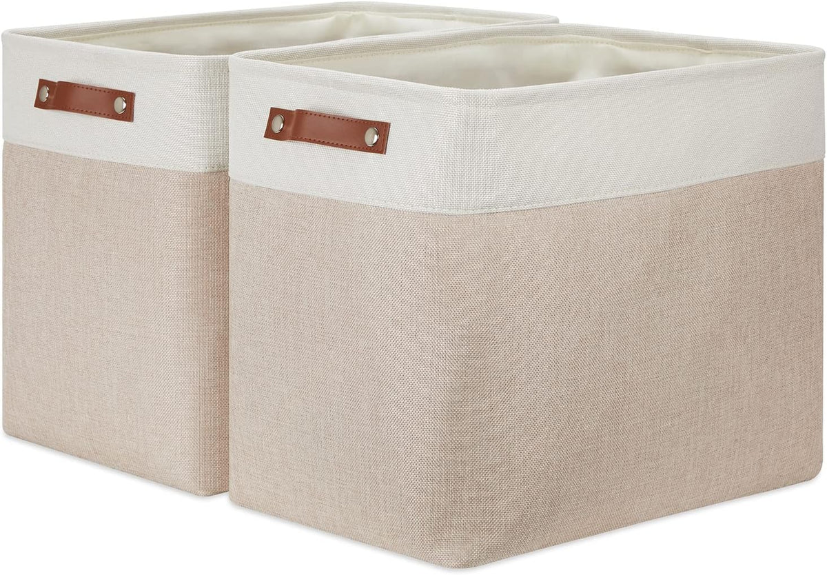 DULLEMELO Extra Large Storage Baskets, Fabric Storage Bins for Organizing Shelves Nursery Toys Books, Closet Baskets and Bins with Handles, White&Khaki, 2-Pack